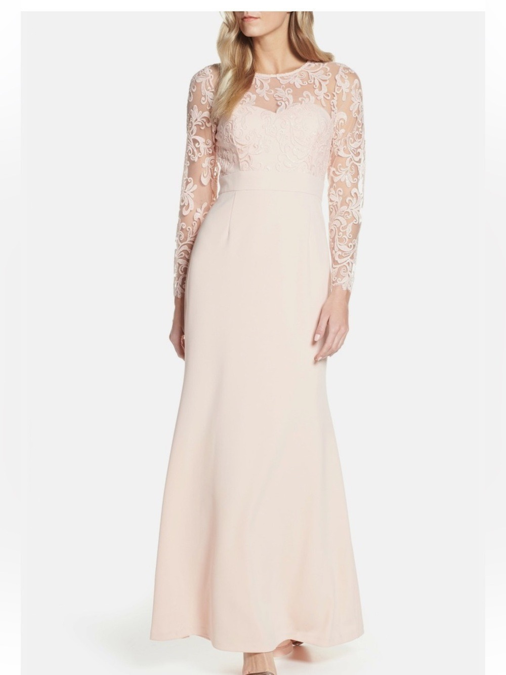 Eliza J Blush Embroidered Lace Bodice Long Sleeve Gown